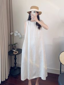 Summer 2025 Casual Full Linen Long Vest round Neck Sleeveless Dress Women Loose A-Line Skirt Comfortable Breathable Gown