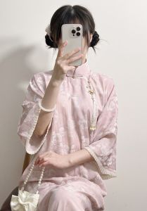 Young Girls Mid-Length Cheongsam Dress Full Open Collar Retro Republic of China Style Low Slit Daily Wear 18-25 Years Old