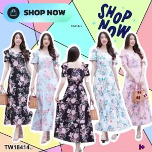 CH18414✨แม็กซี่เดรสยาว แต่งระบายชั้น พิมพ์ลายดอกไม้