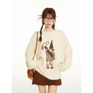 เสื้อสเวตเตอร์ถักนิตติ้งคอวีสีน้ำตาลสำหรับผู้หญิง ทรงหลวม หนา สำหรับฤดูใบไม้ร่วง/ฤดูหนาว เสื้อคลุมกันหนาวแบบสวมหัว ขนกระต่าย ดีไซน์เก๋ไก๋ เสื้อผ้าทำงาน