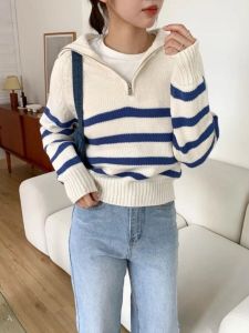 South Korea White Stripes Half Zipper Polo Collar Sweater Womens Autumn and Winter Soft Glutinous Knitting Inner Bottoming Shirt Tops