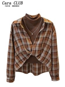 Bộ Đồ Hai Mảnh Kẻ Caro Cara CLUB Cỡ Lớn Cho Nữ Mùa Thu Áo Sơ Mi Kẻ Caro Bên Trong Quần Áo Làm Việc Cotton Dài Tay