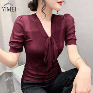 YIMEI Áo Thun Lưới Tay Ngắn Mới Mùa Hè 2023 Áo Thun Nữ Pháp Đơn Giản Cổ Điển Áo Cổ Chữ V Thiết Kế Cảm Giác Cho Nữ