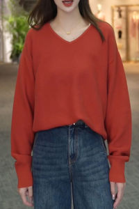 QINGNAER | Fashionable V-neck Long Sleeve Loose Fit Knitwear