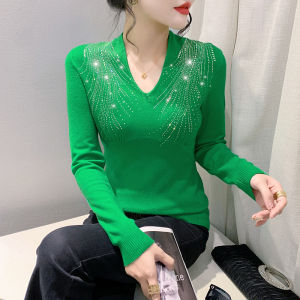 Yimei áo mới nữ Đan Kim Cương Sắt 2023 Áo lót cổ chữ V đa năng Mùa Thu/Mùa Đông ôm vừa áo len màu trơn thời trang