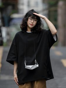 Japanese-Style Retro Pure Color Lanyard Design Heavy Weight Short Sleeve T-shirt Loose round Neck All-Matching Men and Women Base Half Sleeve Tops