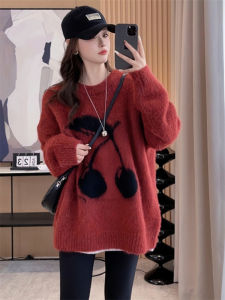 เสื้อสเวตเตอร์มีฮู้ดทรงหลวมยาวปานกลางสไตล์ลำลองสีแดง ทรงเข้ารูปสำหรับผู้หญิงในฤดูใบไม้ร่วงและฤดูหนาว