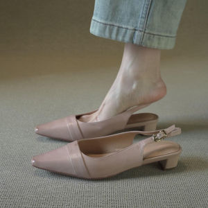 FANGXI | French Beige Pointed Toe Buckle Strap Coarse Heel Shoe