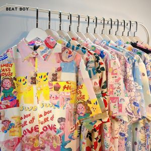 Áo Sơ Mi Tay Ngắn in Họa Tiết Hoạt Hình Mùa Hè Cho Nam Và Nữ Áo Sơ Mi Họa Tiết Hoa Dáng Rộng Đa Năng Thời Trang Thường Ngày