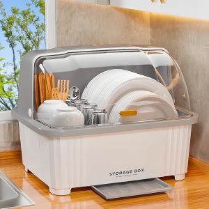 Water-Draining Dish Rack with Lid for Bowls and Plates