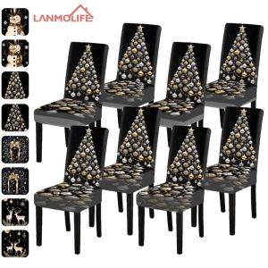Christmas Dining Chair Covers Black and Gold Christmas Tree Pattern High-Elasticity Parsons Chair Covers Winter Holiday Parties