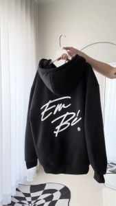 Áo Khoác Hoodie in chữ nổi EM BÉ FOrm rộng chất nỉ bông dày dặn khoác ngoài nam nữ mùa hè