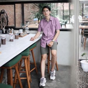 Kemeja Pria Lengan Pendek Formal Kasual Elegan Slimfit Terbaru / Hem Pria Lengan Pendek /Kemeja Polos Pria Warna Lilac