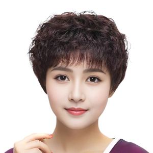 Wig Female Full-Head Wig Short Curly Hair Real Hair Soft Light Summer Middle-Aged and Elderly Nature Wig Sheath Mother Style Wig