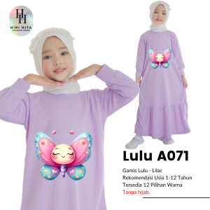 Hirihita Lulu A071 Baju Gamis Lulu Anak Perempuan Sablon Kupu Kupu 12 Warna 1-12 Tahun