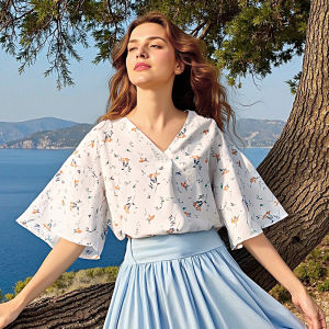 เสื้อเชิ้ตแขนยาวผู้หญิงสไตล์วินเทจ ทรงหลวม ลายดอกไม้ สไตล์ฤดูร้อน เสื้อเชิ้ตผู้หญิงทรงหลวม แขนยาว คอวี ระบายอากาศได้ดี