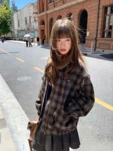 NIHAOKANONG | Áo Khoác Nữ Họa Tiết Carô Cổ Bông Vintage Mới Xu Hướng Xuân Thu