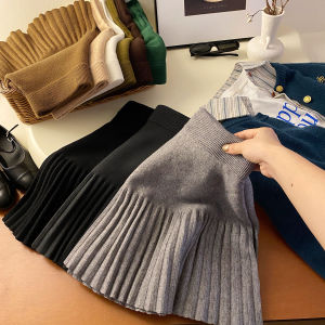 Retro Small Thickened Knitted Pleated Skirt Womens Fall and Winter High Waist Look Taller Easiest for Match A- line Wool Short Skirt