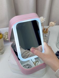 3 Color Cosmetics Storage Box Make-up Mirror With Light Waterproof Dustproof Bathroom Storage Rack Organizer Travel Set Protable Folding mirror and cosmetic bag with LED light