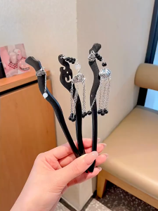 SHOPHOME Jepit Rambut Rumbai Gaya Cina Kuno Tusuk Konde Hitam Hiasan Kepala Fashion Wanita MHT11