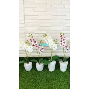 Tanaman Artificial Bunga Anggrek Bulan X2 Mini Putih & Putih Ungu Pot Melamine & Ulir Kotak Dekorasi Meja Kantor Aesthetic