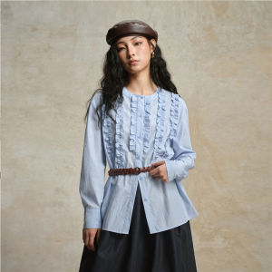 Giordano Designer Textured Loose Womens Shirt Long Sleeve round Neck Lace Trim 18345703 Cotton Blend Business Casual