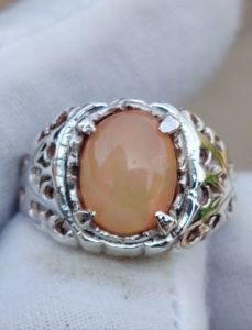 Natural Untreated Milky Opal Fire grade silver kerawang ring