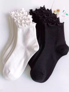 5 Pairs Harajuku Ruffle Socks Women Girls Sweet Middle Tube Black White Socks Jk Lolita Soft Breathable Ankle Loose Short Sock