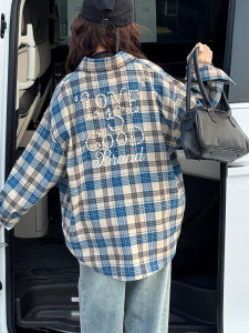 Girls Shirt Spring Thin Loose Plaid Collar Versatile Outerwear Top for Children Ages 3-14 Casual Style Long Sleeve Blue And Yellow Checkered