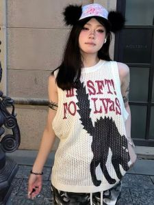 Áo Len Dệt Kim Rỗng Phong Cách Đường Phố Mỹ Cho Nữ Mùa Hè in Hình Mèo Không Tay Rộng Rãi Thiết Kế Nhỏ Gọn Áo Thun