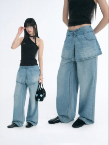 JNXS | Quần Jeans Ống Trực Tiếp Thắt Dây Phía Sau Mô Phỏng Hai Mảnh