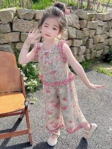 New Chinese Style Floral Print Girls Set Summer Sleeveless Lace Wide Leg Pants Fashionable Baby Two Piece Suit Outfit for Kids