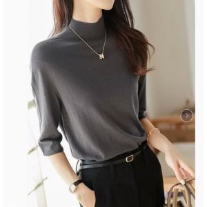 เสื้อชั้นในถักแขนยาวครึ่งตัวสำหรับผู้หญิง ทรงสลิมฟิต คอวี ปกโปโล แขนยาว 5 นิ้ว คอวี สไตล์ทำงาน เสื้อผ้าทำงาน