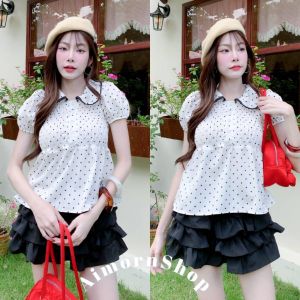 AimornShopp เสื้อแขนตุ๊กตา คอปกบัวเดินขอบขาวน่ารักๆ สม็อคช่วงเอวปลายระบาย ทรงสวยมาก งานลายจุดสุดฮิต