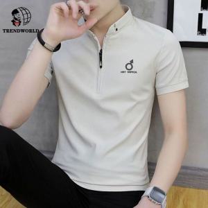 Summer New Polo Shirt Short Sleeve Mens Solid Stand Collar Half Sleeve T-shirt Zipper Youth Mens Shirt