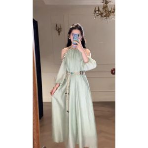 Fashionable Long Dress for Women with High Waist Lantern Sleeves Pure Colorful Design Perfect for Vacation and Beach Outings