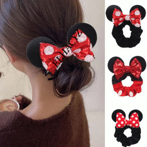 Disney Minnie Ears Cartoon Hair Scrunchies Velvet Hairbands For Girls Sequins Bows Headband Women Kids Party DIY Decoration