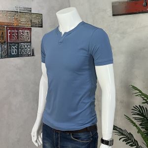 Slim Fit Cotton V-Neck Short Sleeve T-Shirt Mens Retro American Style Cool Feeling Solid Color Thin High-End Hard Man Shirt