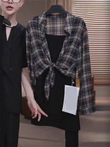 Casual Plaid Mini Shirt And Dress Set Women Early Autumn New Slimming Anti-Aging Fashionable Two-Piece Set Long Sleeve round Neck