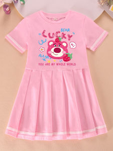 Girls Summer Cotton Bear Dress Pure Cotton Thin Pleated Princess Skirt Childrens Strawberry Bear Skirt A-Line Short Sleeve Dress