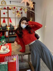 Christmas New Year Short Knitted Sweater Womens Lazy Style Autumn Winter Red Cherry Blossom Pullover Sweater Straight Tube Shape