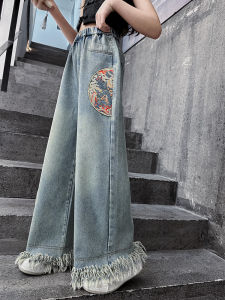 Loose Wide Leg Jeans Chinese Style Spring Autumn Girls Childrens Clothing Elastic Waist Denim Pants for Girls Aged 8-15