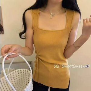 Summer 2025 Spicy Girl Drawstring Square Collar Knitted Vest Womens Simple Elegantly Slimming Pure Desire Sleeveless Top