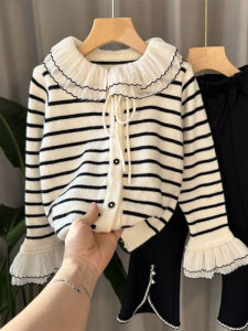French Stripe Lace Collar Knitted Cardigan