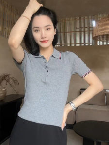 Áo Thun Tay Ngắn Thời Trang Giảm Tuổi Cho Nữ Mùa Xuân Hè Dáng Ôm Che Giấu Mỡ Lụa Băng Dệt Kim Polo Cổ Polo