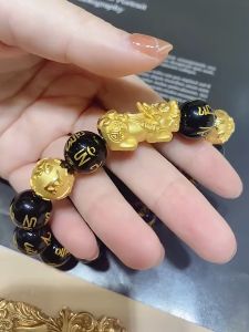 18k gold pawnable saudi gold original Obsidian Gold Pixiu stone Bracelet Fortune Luck 12MM Bracelet for women and men gift lucky charm for money 2024 Feng Shui Black Authentic Obsidian Wealth Bracelet - Pixui Piyao Charms Money Magnet Bracelet