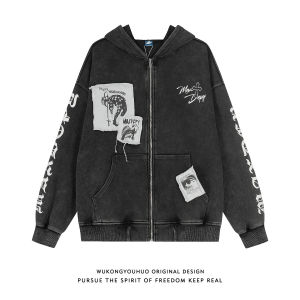 WUKONGYOUHUO | Áo Cardigan Thêu Hip-hop Đã Qua Rửa