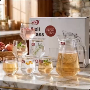 Bộ Bình Nước Thủy Tinh 1.3L Và 6 Ly Deli Glass Kiểu Dáng Kim Cương Cao Cấp