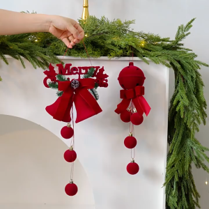 Velvet Bell Hanging Decor with Red Pine Cone - Christmas Door Holiday Pendant