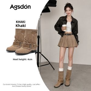 Agsdon | Retro Khaki Short Boots For Women Suede Western Style Thick Heel